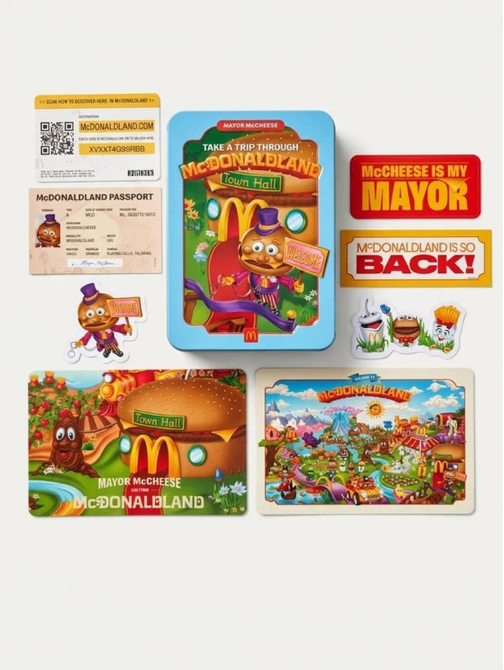 2025 McDonald's McDonaldland Mayor McCheese Tin Passport Stickers Postcards Set